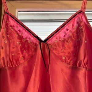 Vintage Pink Satin Chemise Nightgown with Floral and Bow Details
